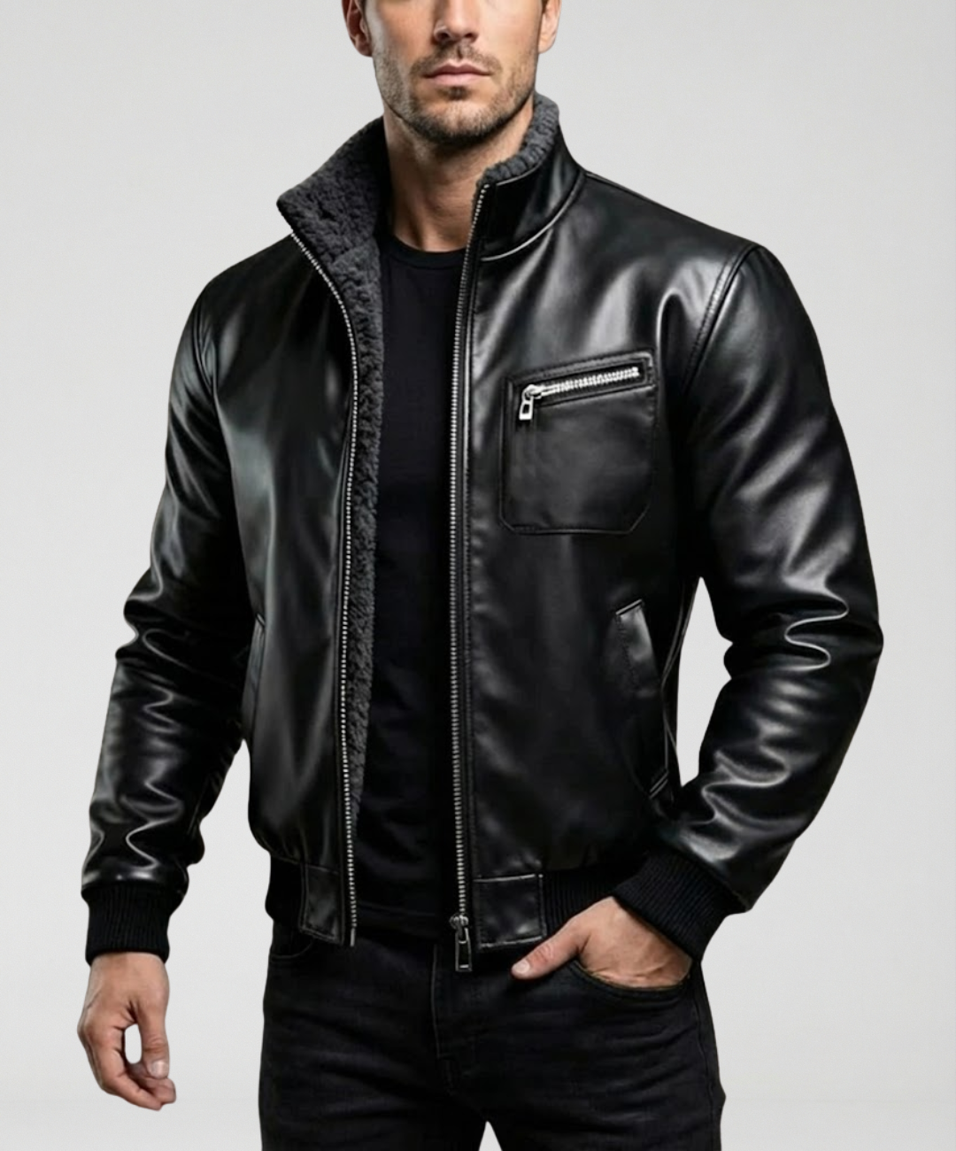 Rubén™ - Chaqueta de cuero negro cálido